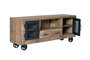 GINER Y COLOMER Meuble TV industriel en bois de manguier et métal, couleur naturel - 150 x 60 x 38 cm, structure en bois massif avec portes métal, finition artisanale